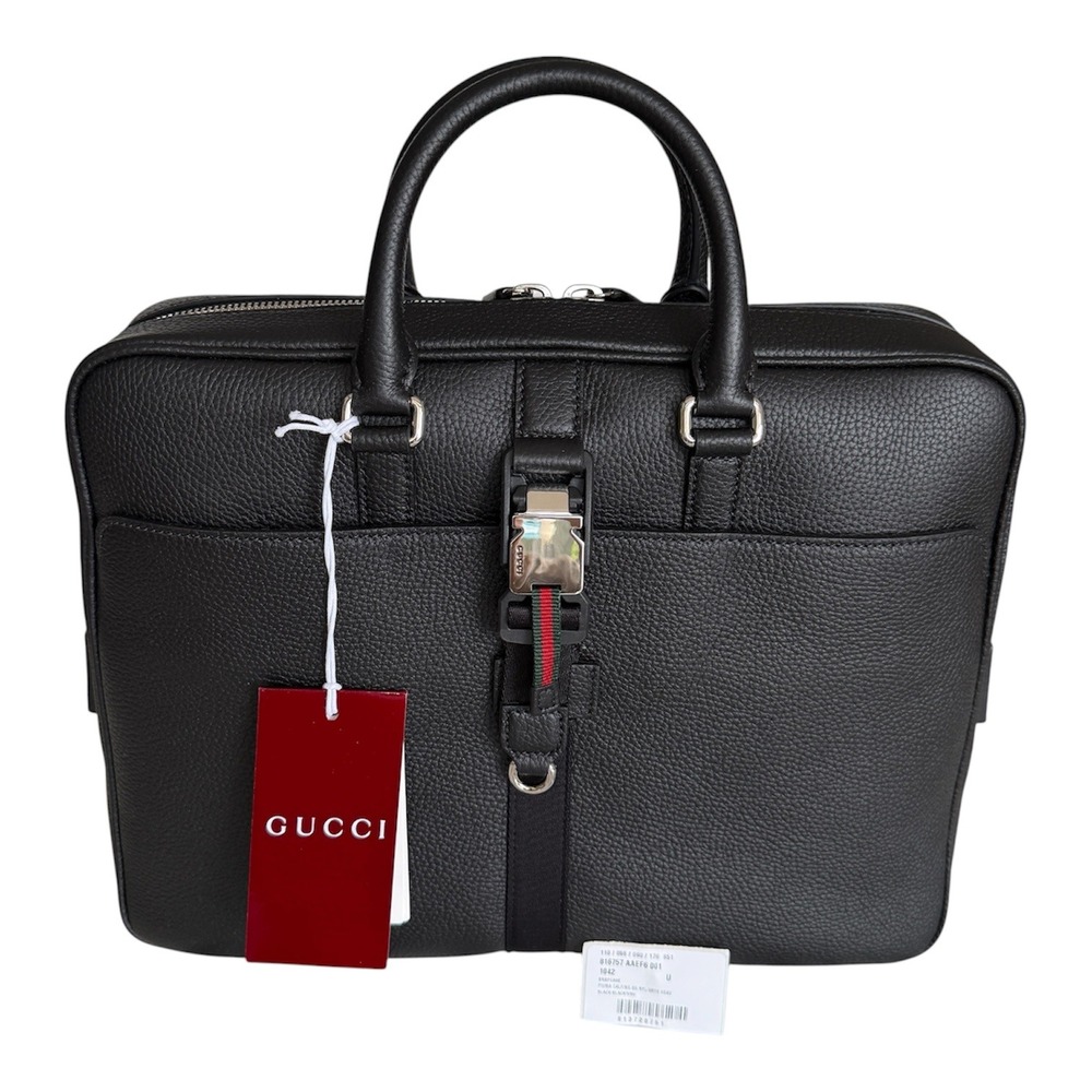 Gucci 816757 Men's‎ Black Full‑Grain Leather Briefcase Webbing‑Trim NWT